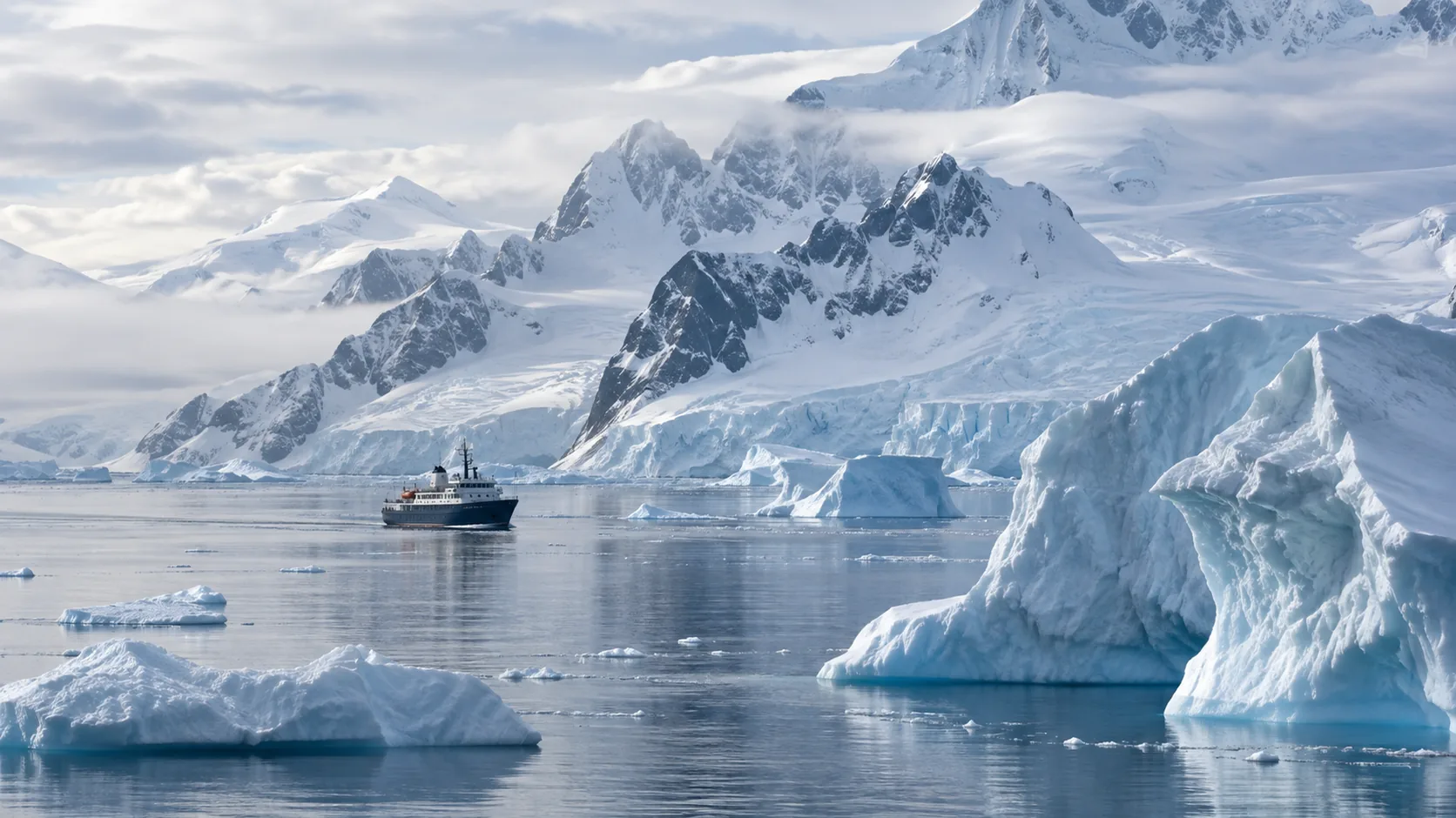 Petit navire d’expédition entre les icebergs de la péninsule Antarctique