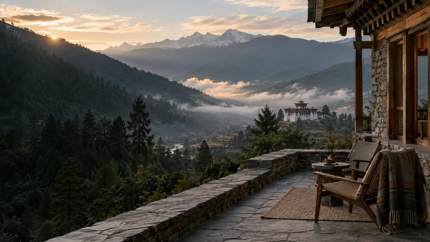 Terrasse d’un lodge bhoutanais face à une vallée himalayenne et un dzong au lever du jour
