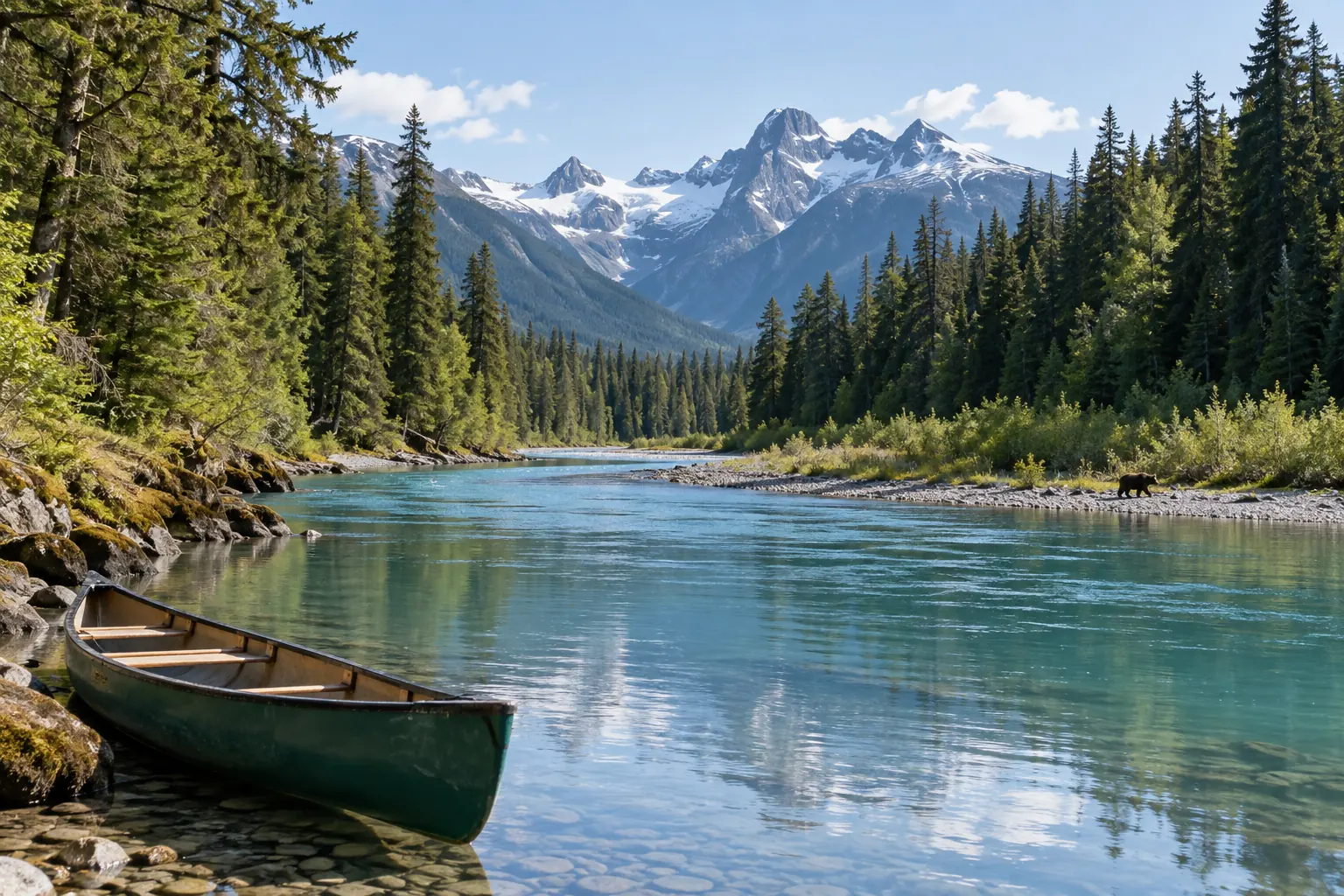 Canoë sur une rivière entre forêt et montagnes de Colombie-Britannique