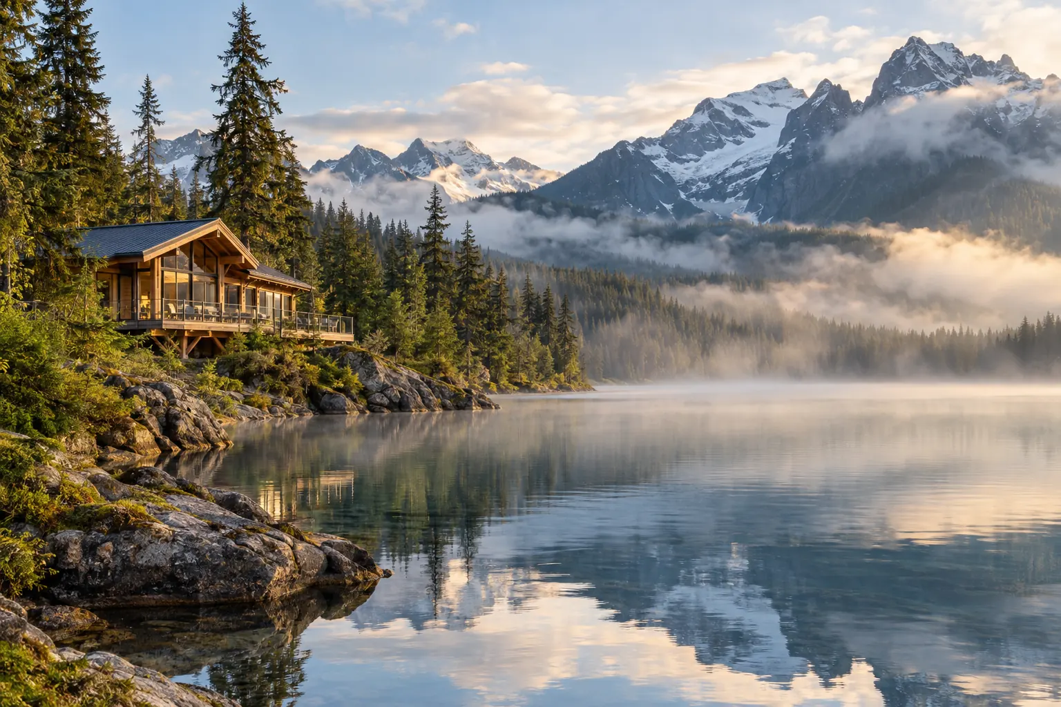 Lodge en bois au bord d’un lac de Colombie-Britannique