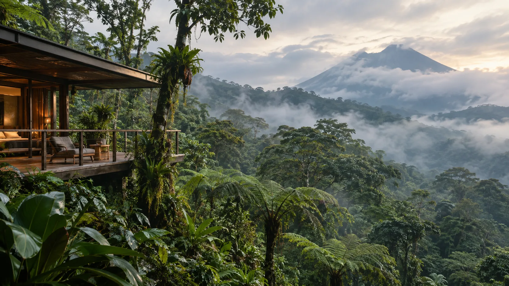 Écolodge ouvert sur une forêt de nuages du Costa Rica et un volcan après la pluie