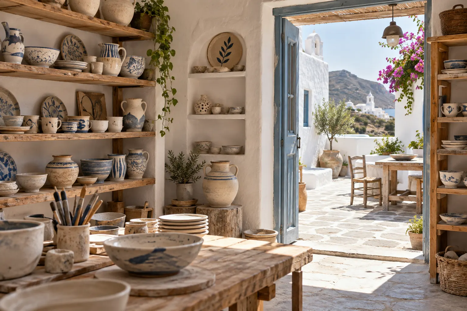 Atelier de céramique ouvert sur une cour blanche des Cyclades