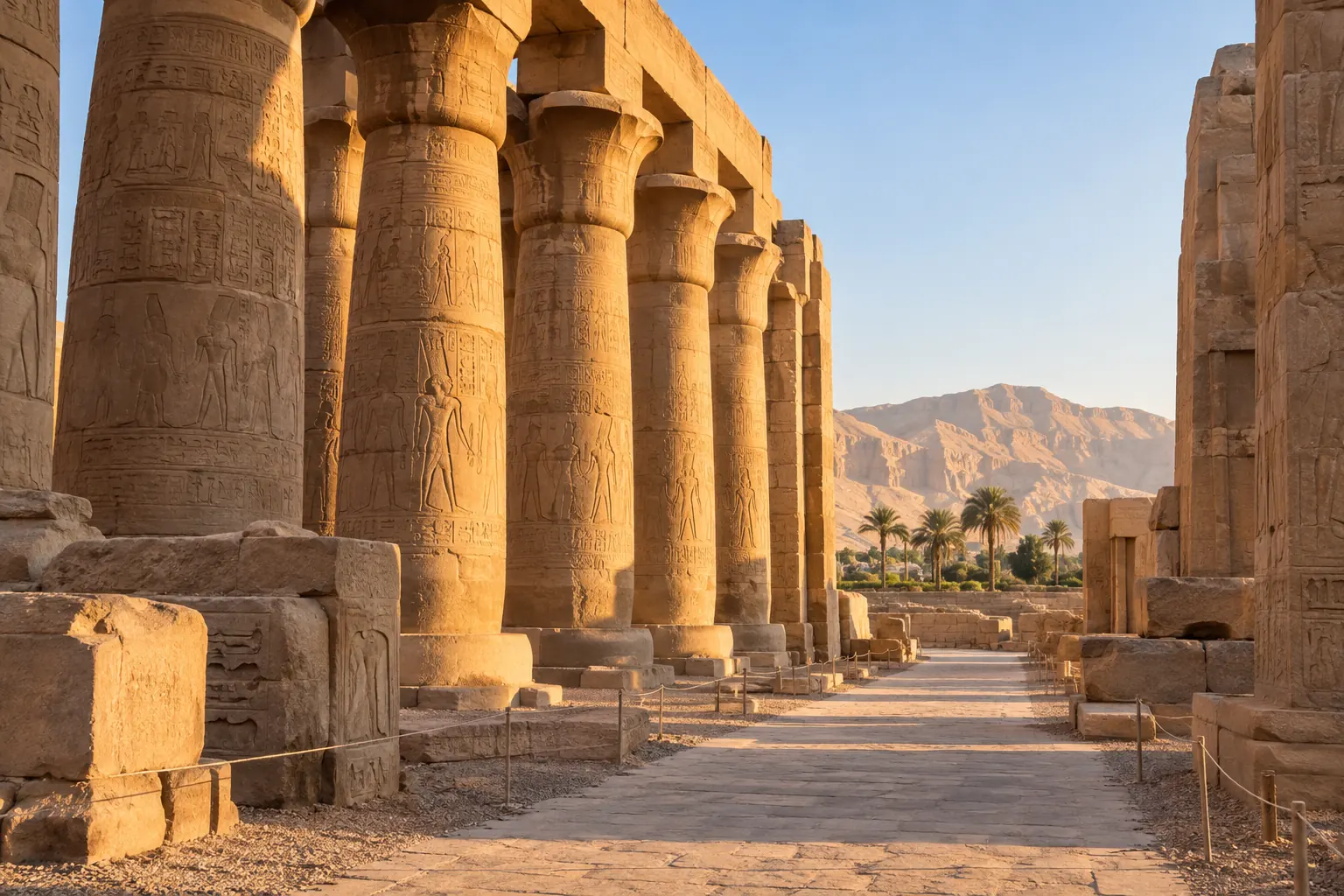 Colonnade antique près de Louxor dans la lumière du soir