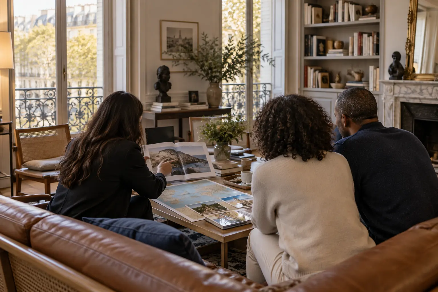 Conseillère et couple examinant des cartes et photographies dans un salon parisien