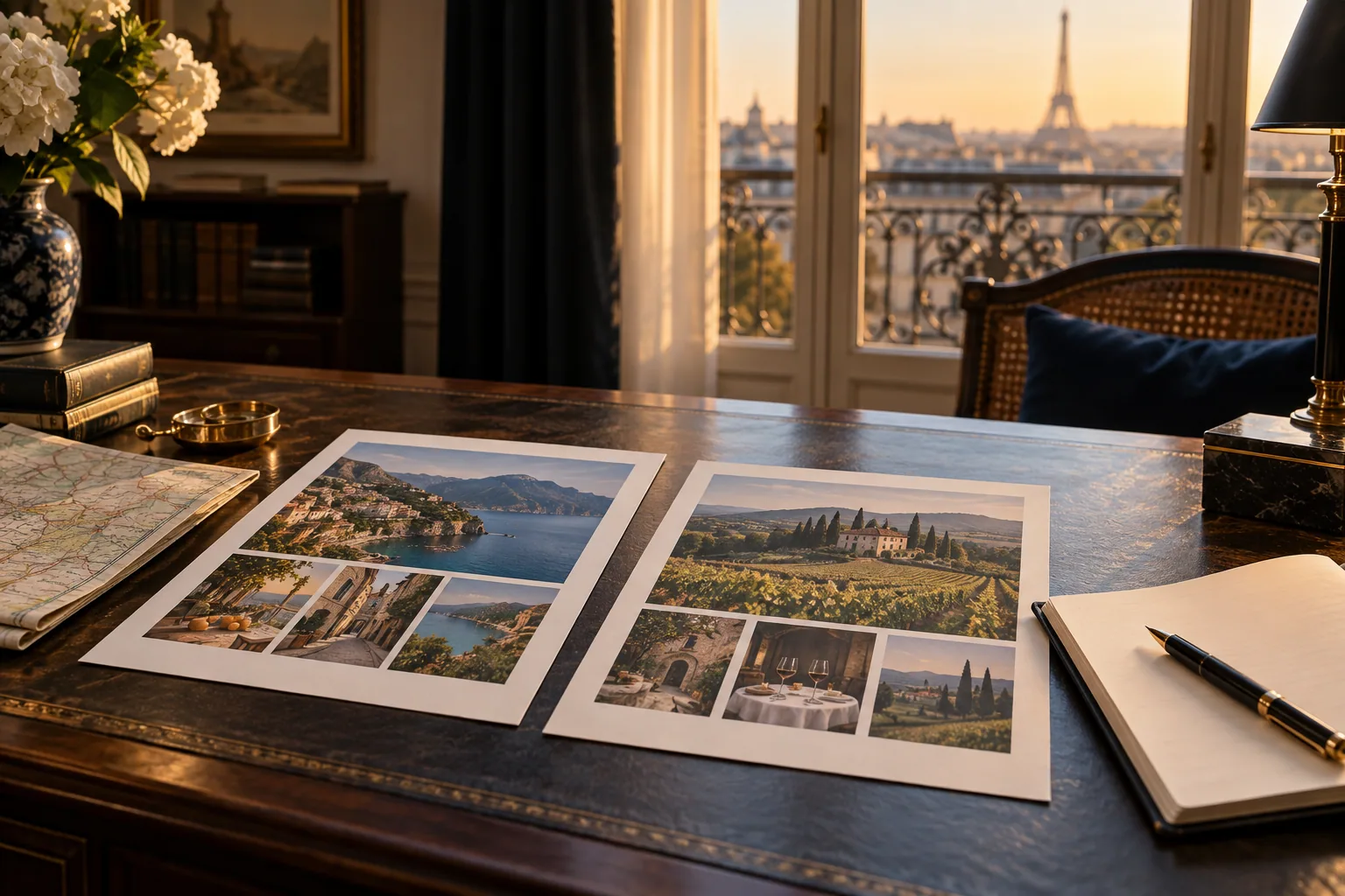 Illustration d’ambiance : deux dossiers de voyage ouverts sur une table de travail