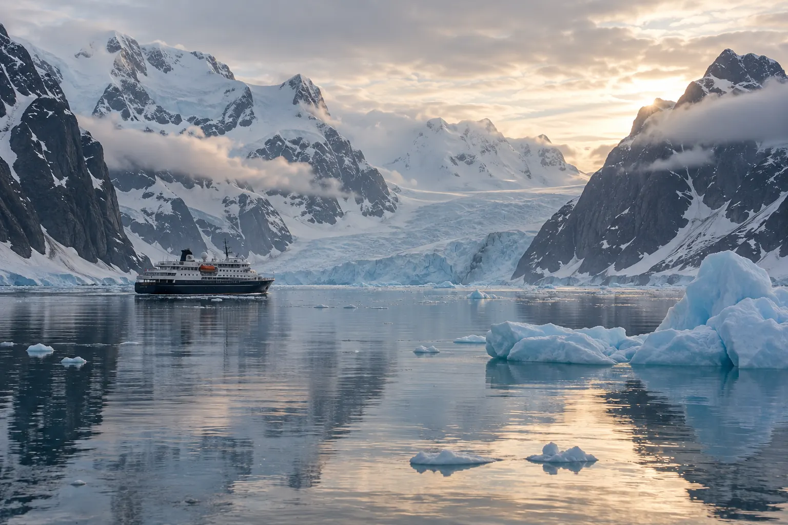Petit navire d’expédition naviguant dans un fjord polaire