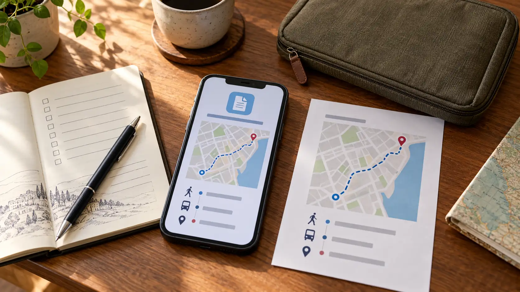 Illustration IA fictive : téléphone et feuille papier présentant le même plan d’arrivée abstrait, avec carnet et pochette.