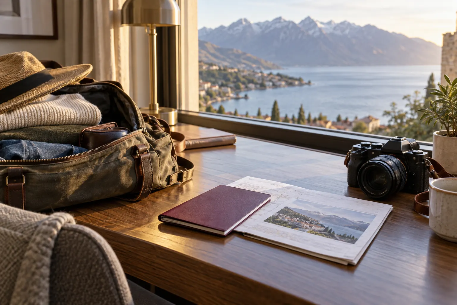 Bagage et documents de voyage préparés sur une table près d’une fenêtre