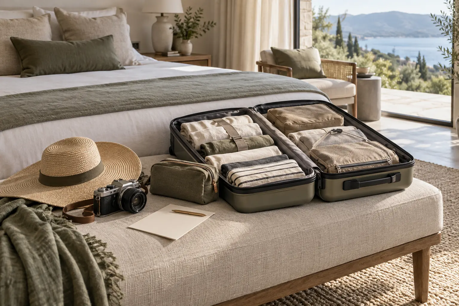 Valise organisée avec vêtements, appareil photo et chapeau dans une chambre lumineuse
