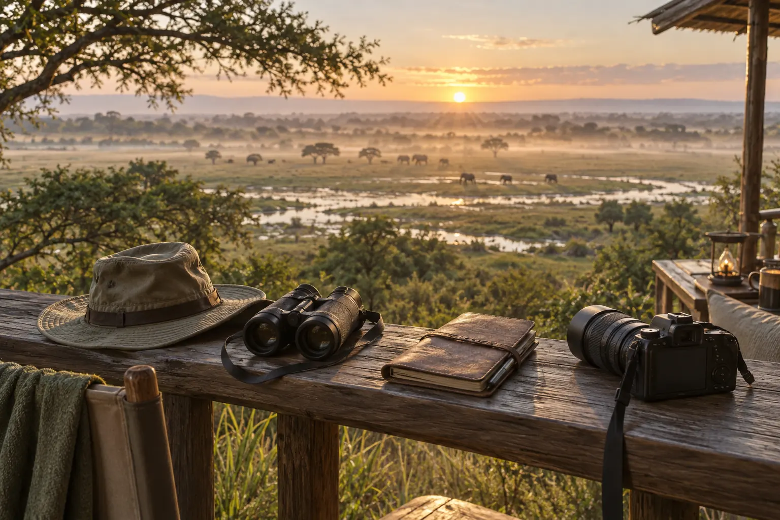 Jumelles, carnet et appareil photo face à une plaine africaine fréquentée par des éléphants au loin