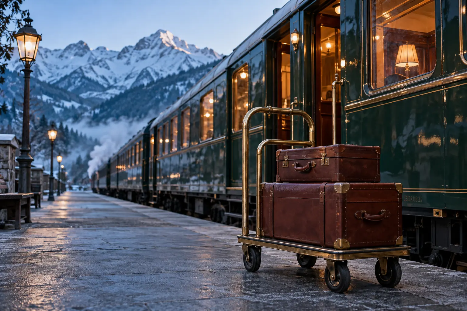 Bagages en cuir sur un chariot devant un train classique vert dans une gare alpine