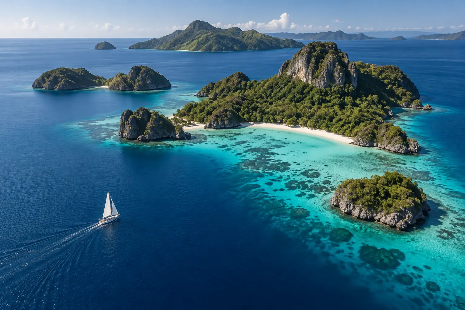 Voilier traversant un archipel aux lagons et aux îles tropicales