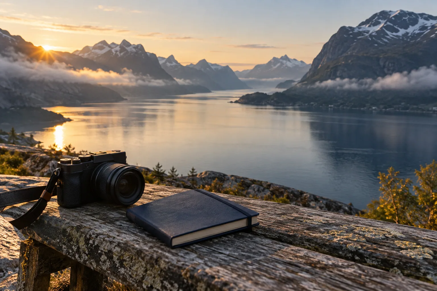 Illustration d’ambiance : appareil photo et carnet face à un fjord au lever du jour