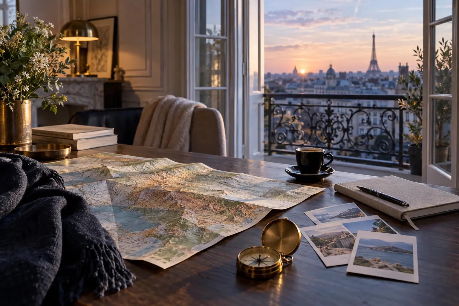 Table de recherche de voyage avec carte et carnet face aux toits de Paris