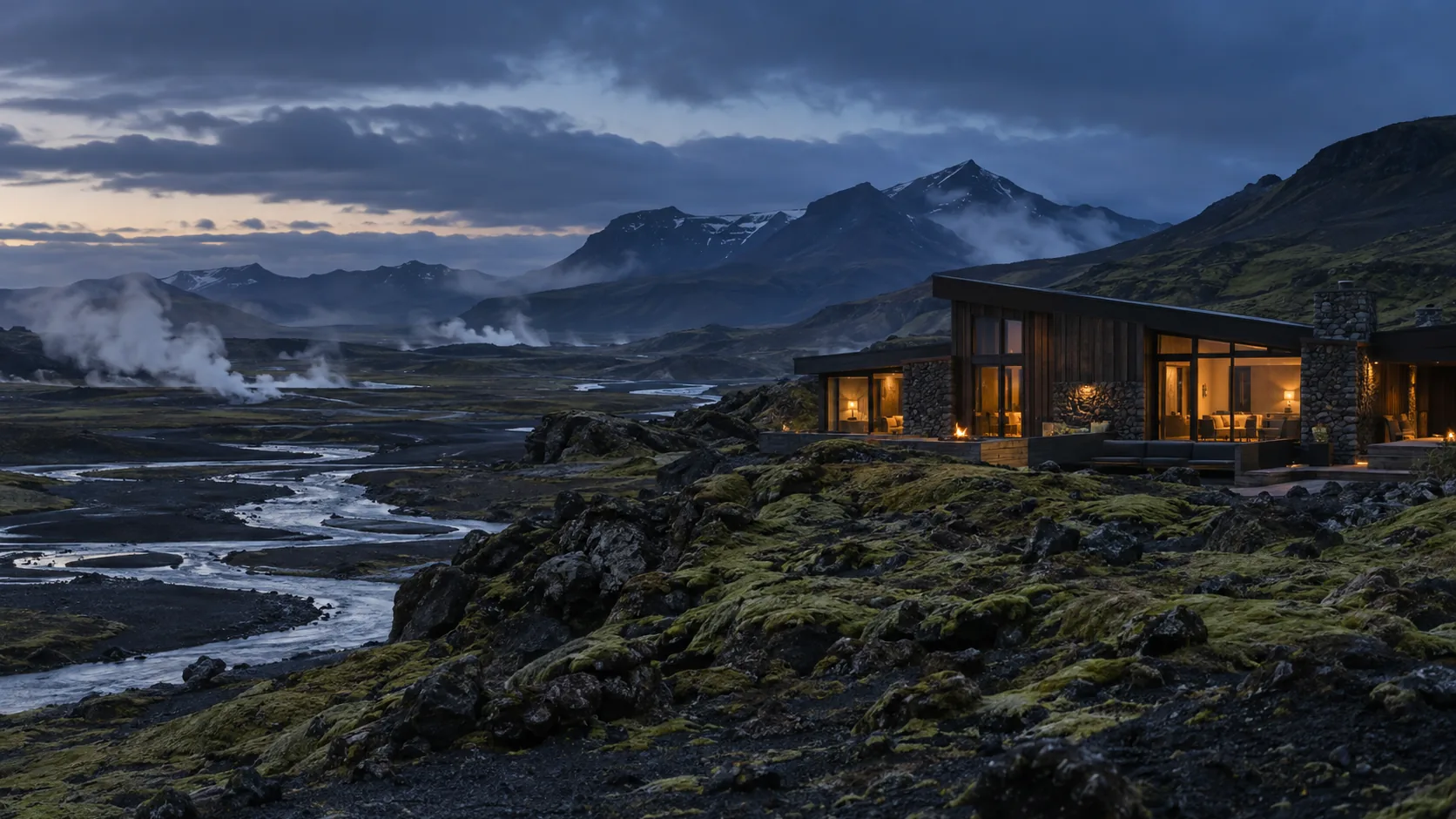 Lodge contemporain dans une vallée géothermale d’Islande à l’heure bleue