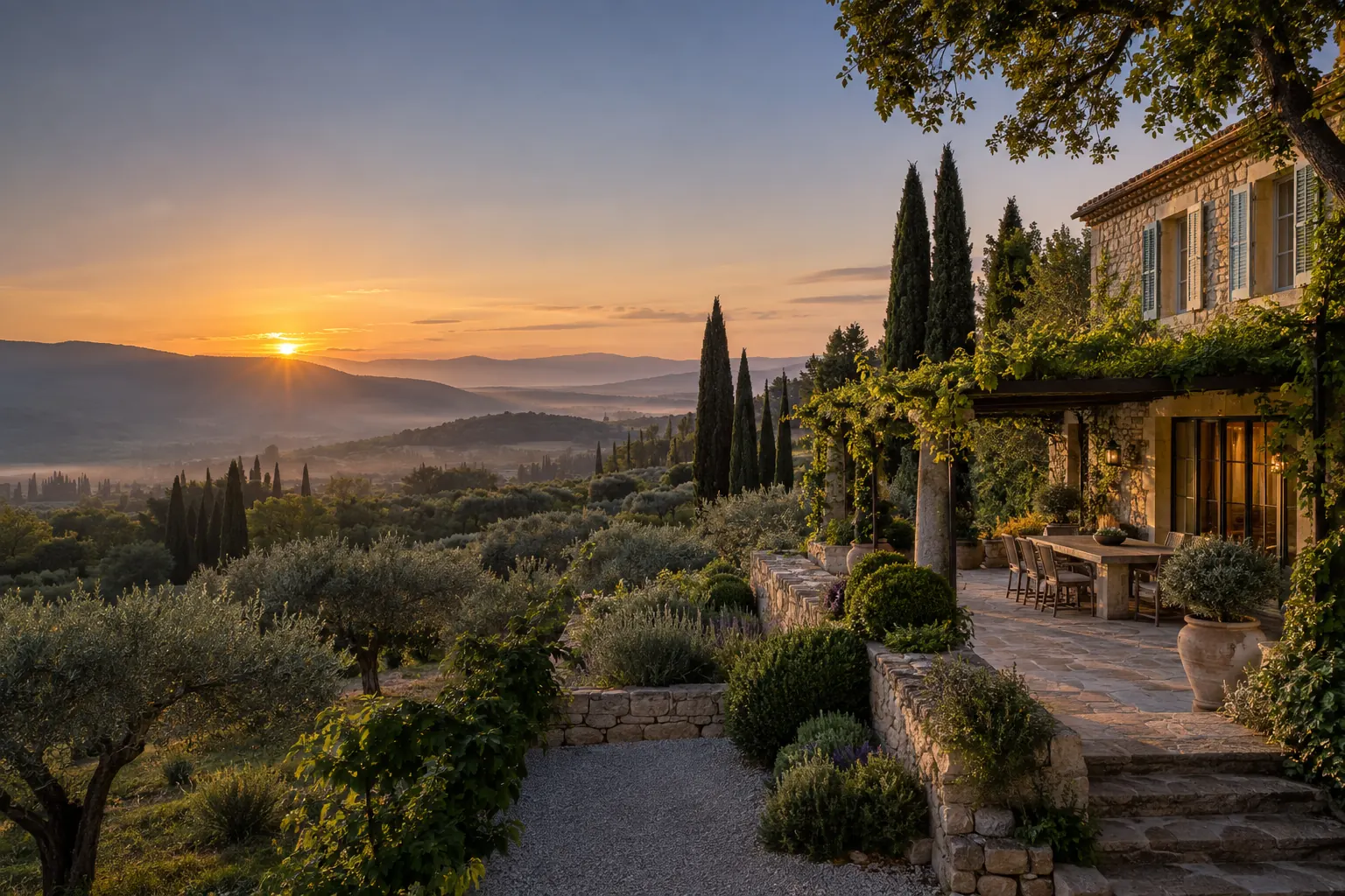 Illustration d’ambiance : maison en pierre avec terrasse et oliviers en Provence