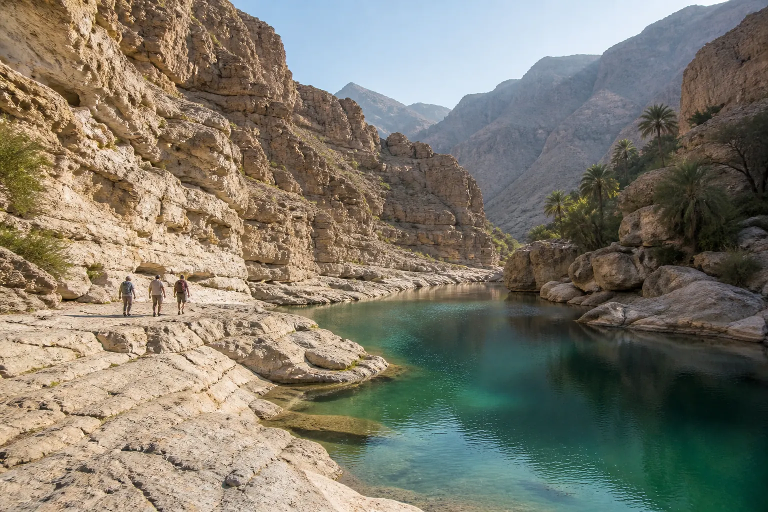 Marche privée au bord des eaux claires d’un wadi omanais