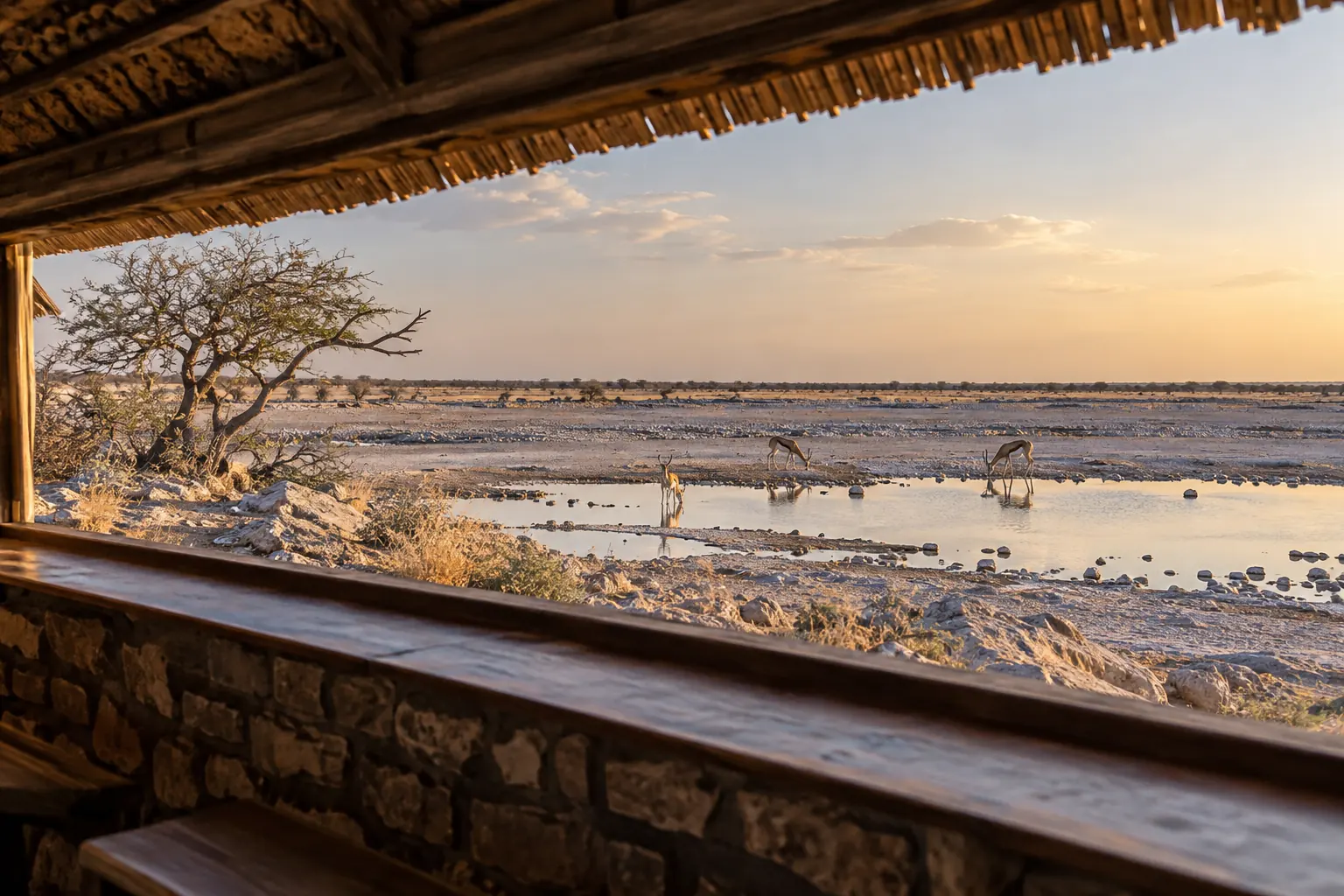 Point d’observation devant une plaine et un point d’eau en Namibie