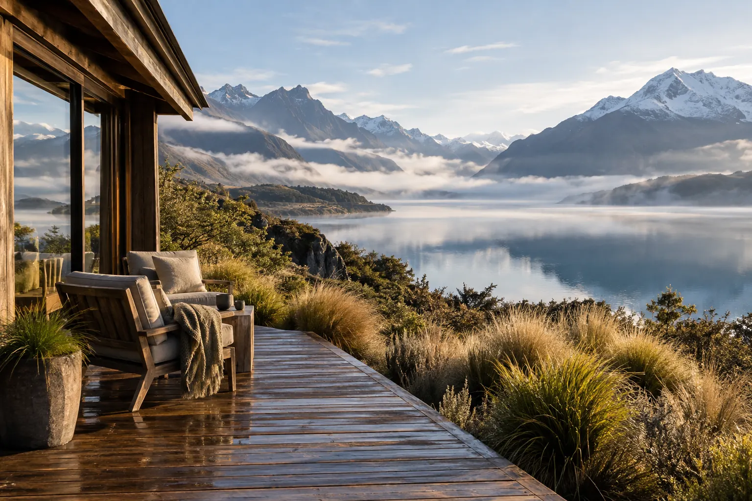 Terrasse de lodge face à un lac alpin en Nouvelle-Zélande