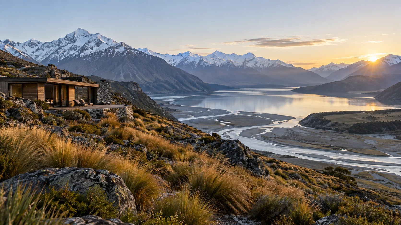 Lodge discret dominant un lac alpin et les Alpes du Sud en Nouvelle-Zélande au lever du jour