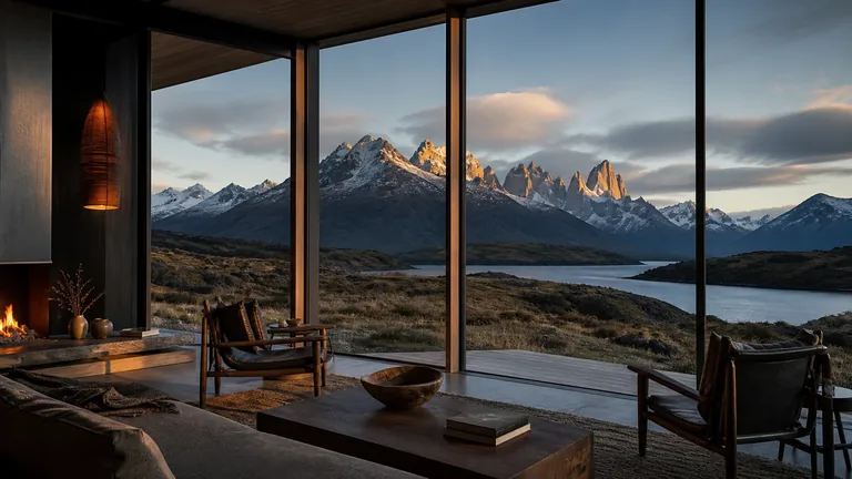 Lodge isolé face aux reliefs de Patagonie