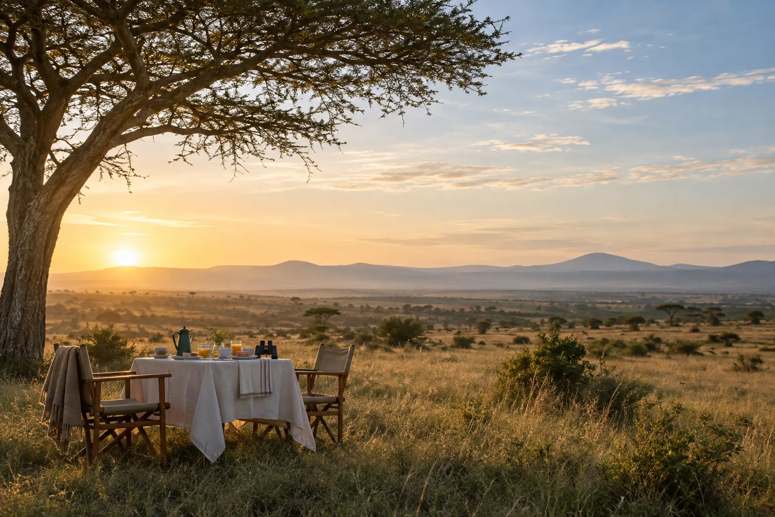 Petit-déjeuner privé installé sous un acacia face à la savane au lever du soleil