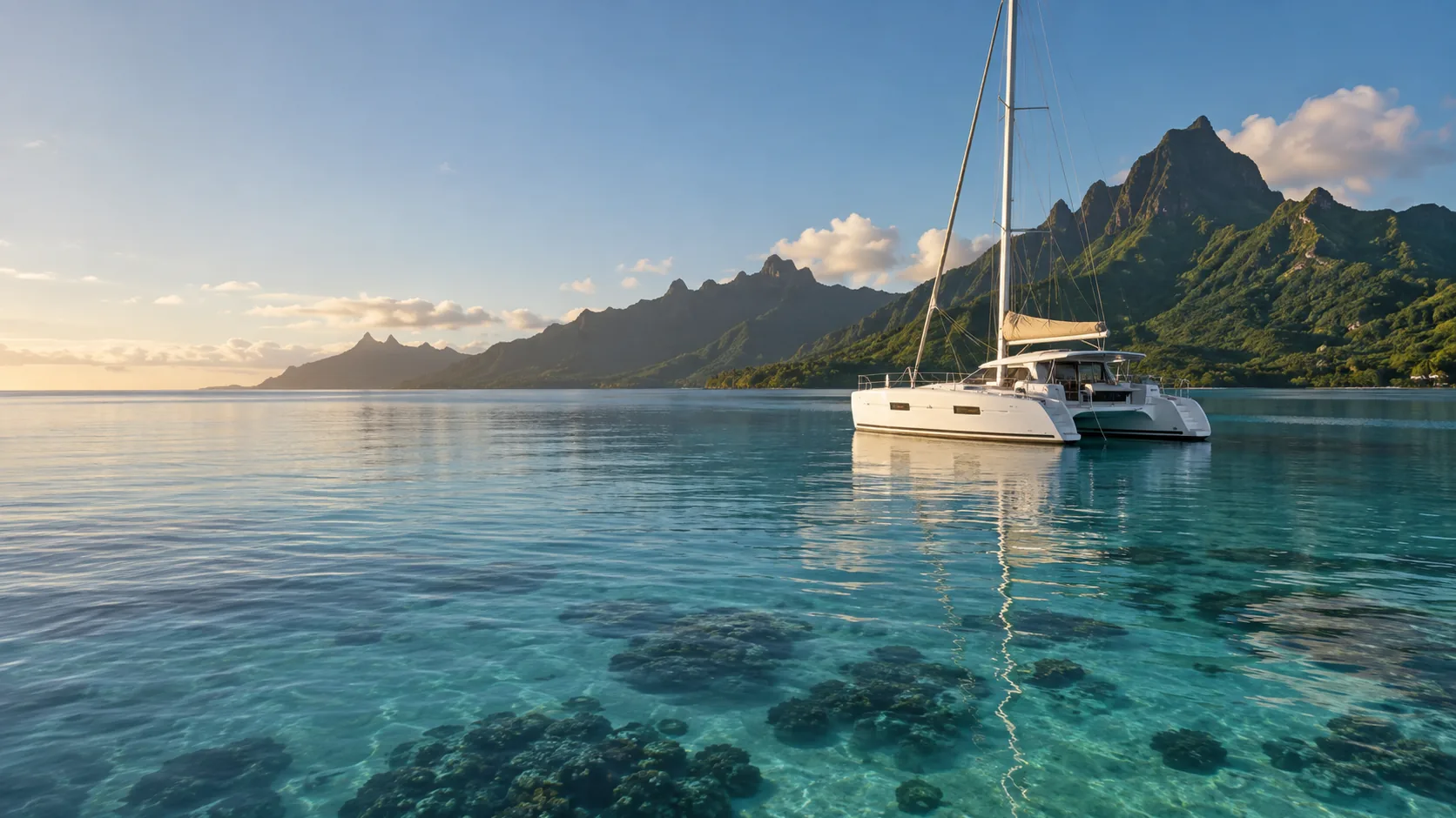 Catamaran privé au mouillage dans un lagon de Polynésie française face à une île volcanique