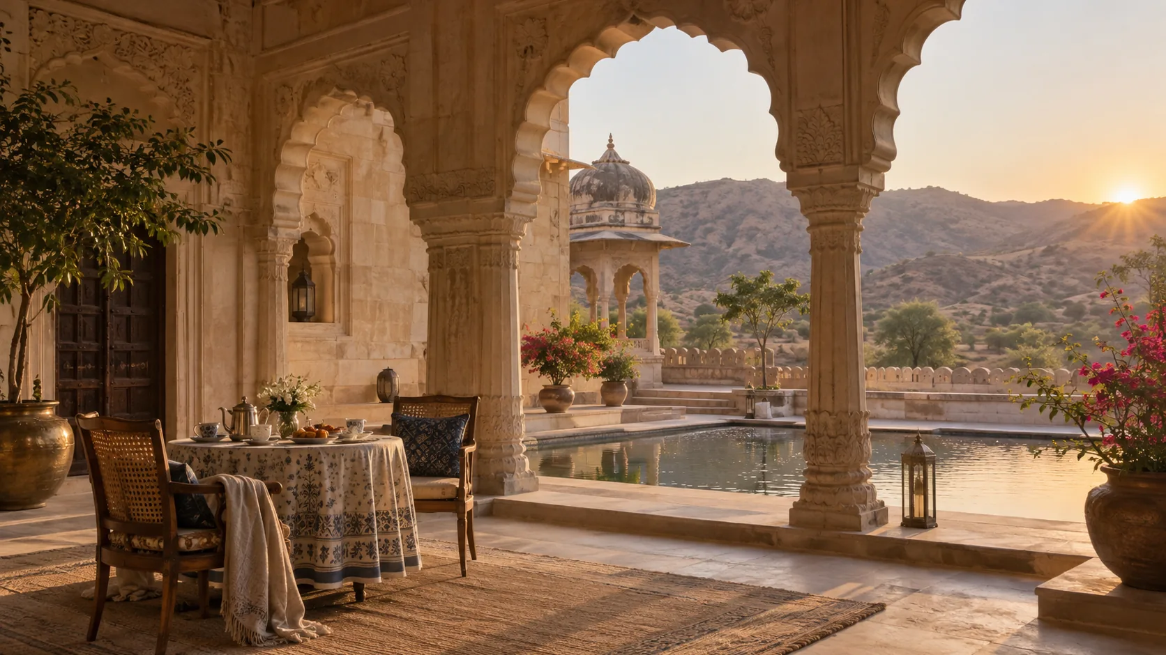 Cour d’un haveli du Rajasthan ouverte sur les collines au lever du soleil