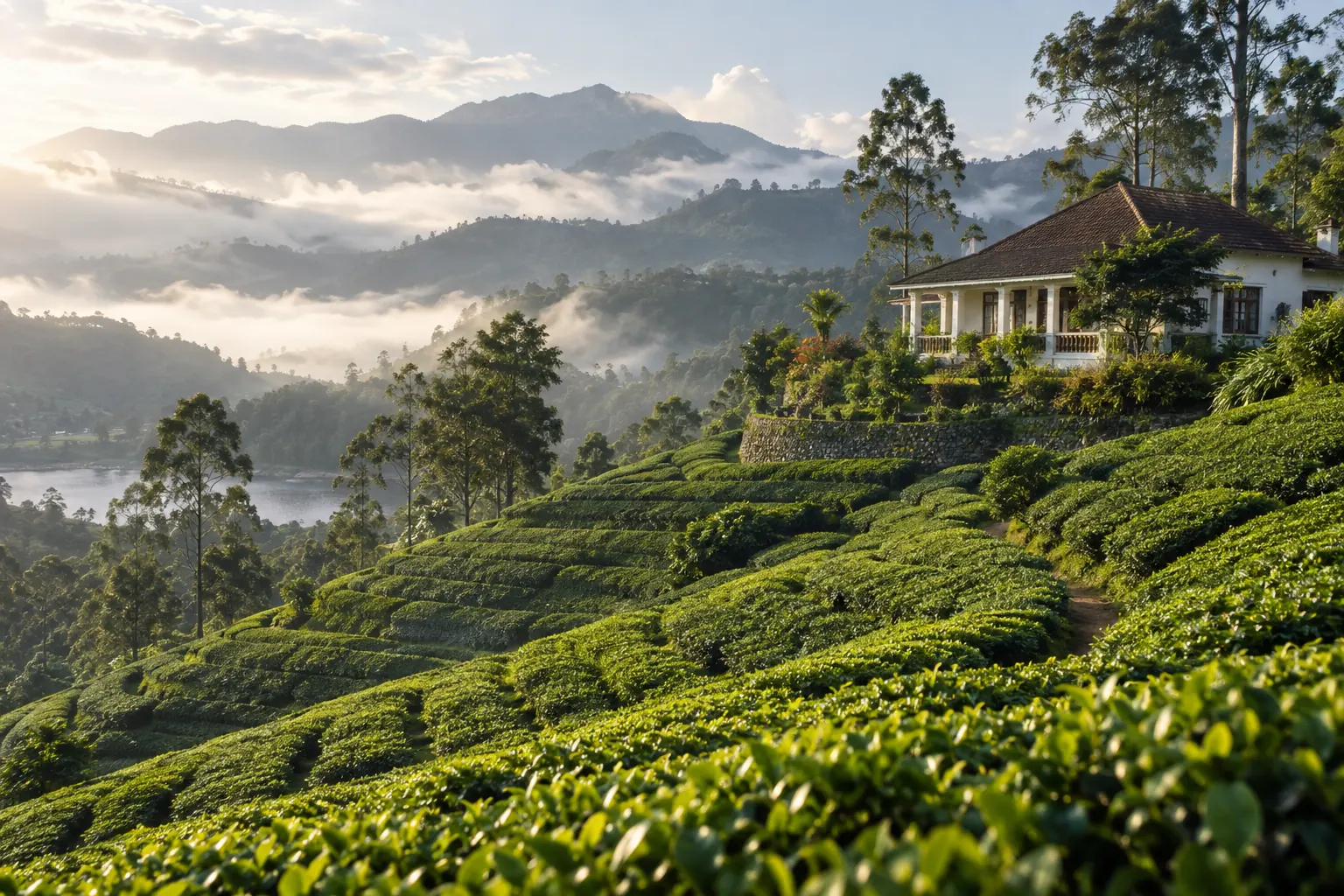 Maison de montagne entourée de plantations de thé au Sri Lanka