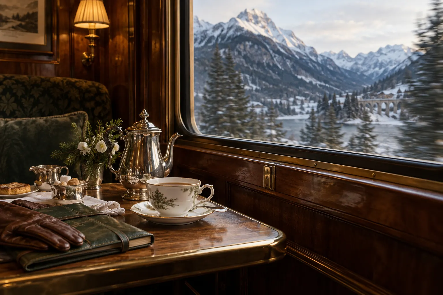Service du thé dans une cabine boisée face aux paysages alpins