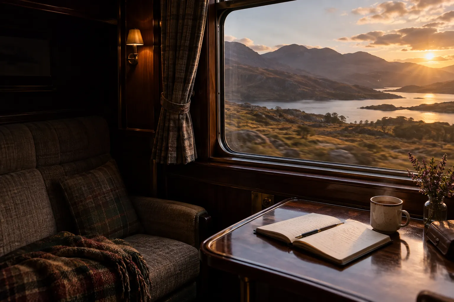 Illustration d’ambiance : compartiment de train face aux Highlands au coucher du soleil
