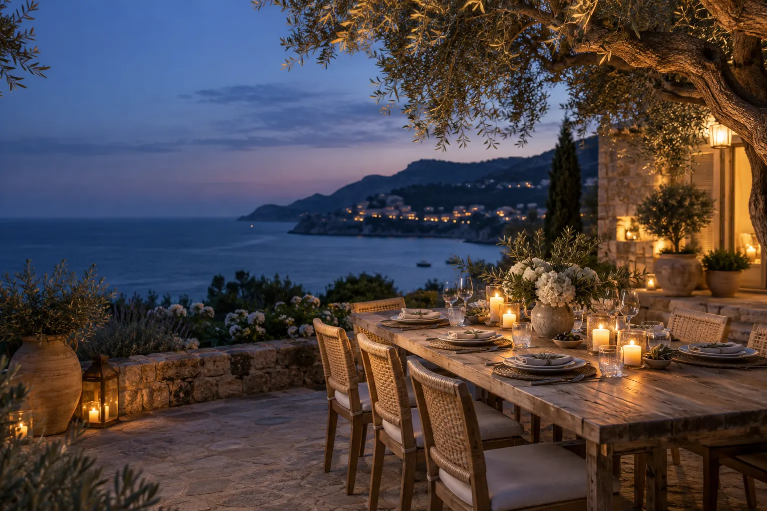 Illustration d’ambiance : table de dîner préparée sous les oliviers face à la mer