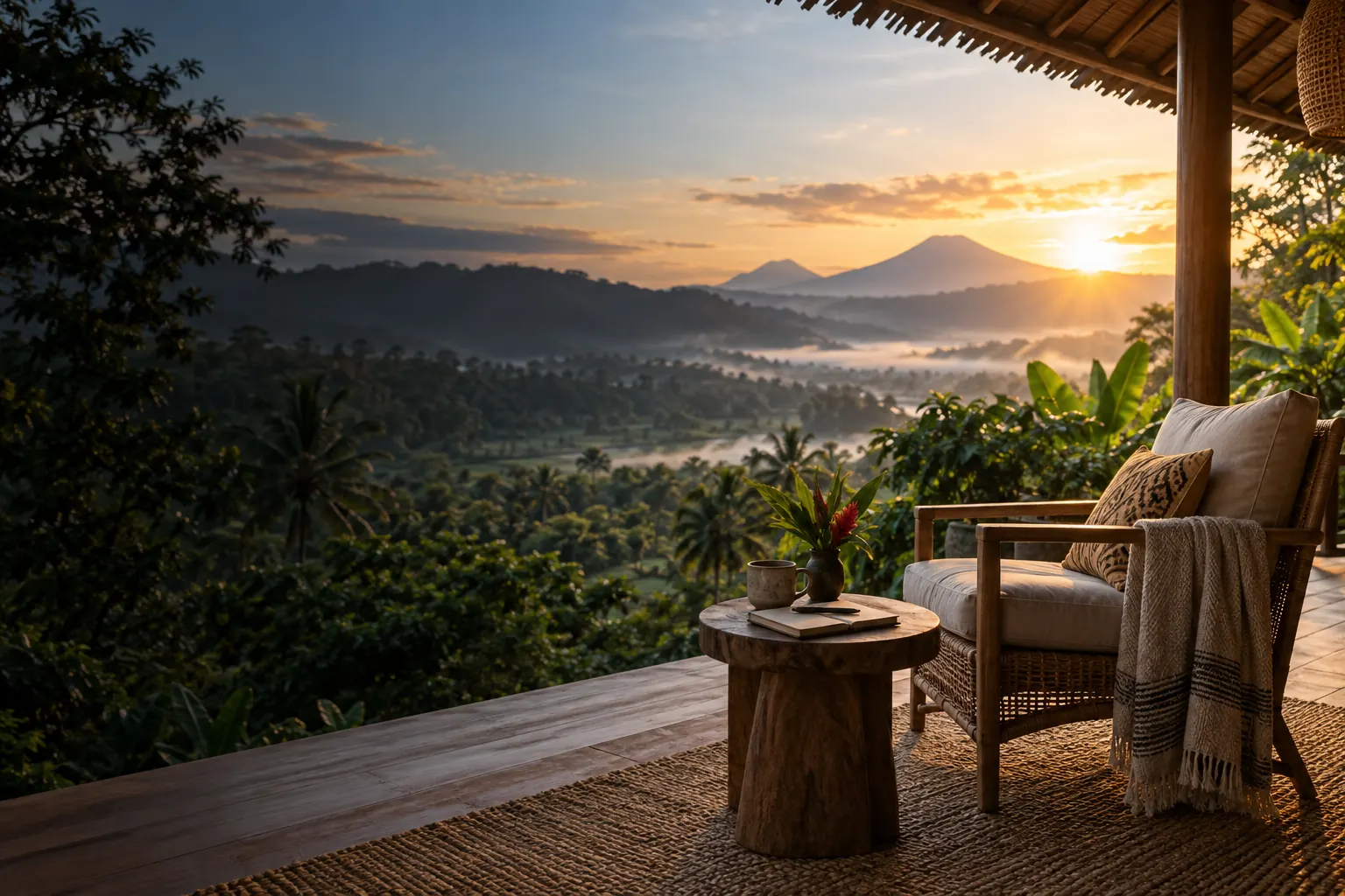 Illustration d’ambiance : fauteuil et carnet sur une terrasse face à une vallée tropicale